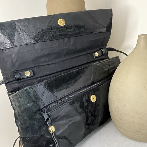 VTG Black Patchwork Boho Leather Suede 80s Shoulder Crossbody Bag Glam Studio 54 - Picture 7 of 16